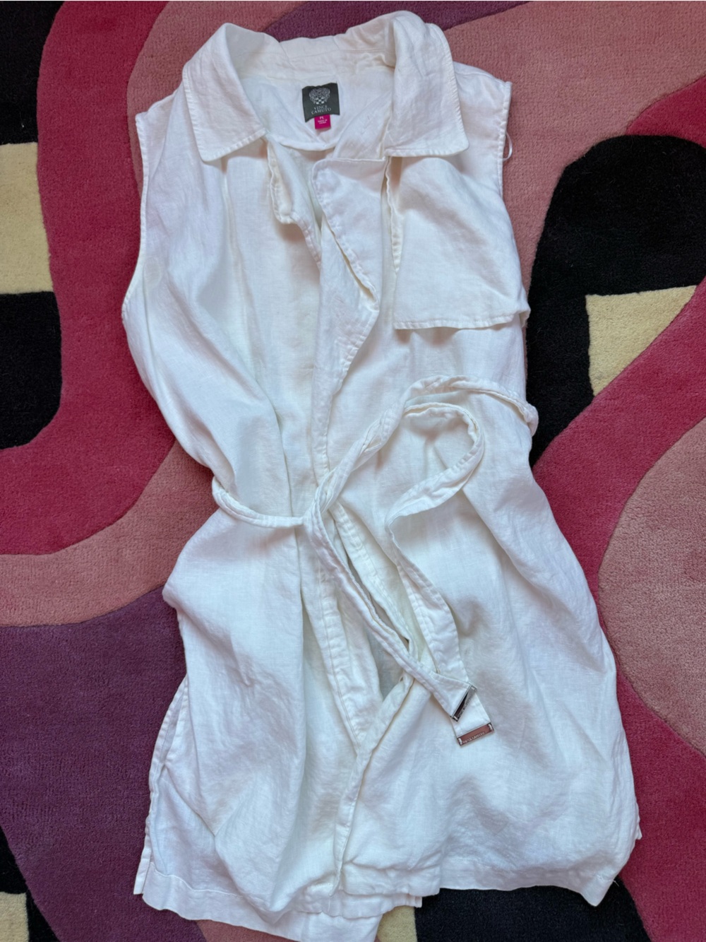 Vince Camuto White Sleeveless 100% Linen Tie-Waist Longline Vest PetiteL